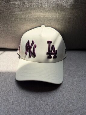 New Era Cream Baseball Cap with Purple NY & LA Logos